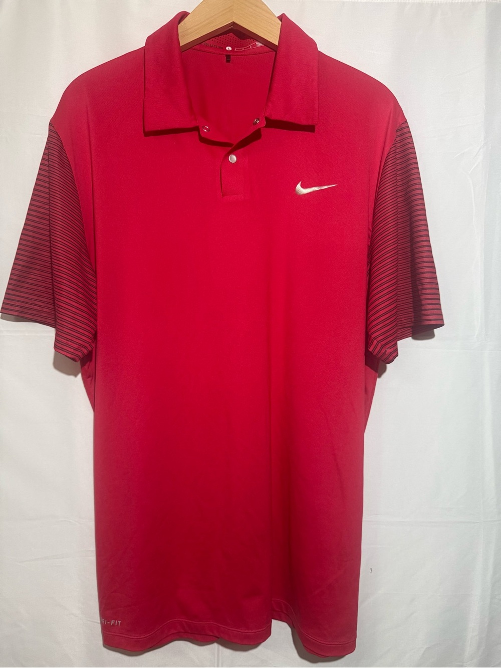 Nike Tiger Woods Red Polo with Striped Charcoal Sleeves